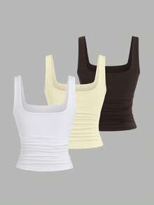 Sweetra Women's Solid Color Square Neck Pleated Fitted Casual Tank Top - Multicolor - View 2