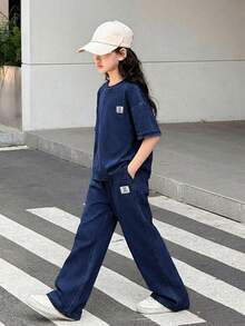 SHEIN Tween Girl Letter Print Short Sleeve Top And Denim Pants Set - Dark Wash - View 3