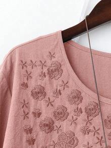 Linhara Plus Size Women Solid Color Faux Linen Round Neck Embroidered 3/4 Sleeve Casual Shirt - Baby Pink - View 4