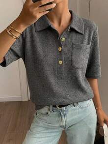 FRIFUL Women's Fitted Polo Collar Metal Button Decor Short Sleeve T-Shirt, Summer Ribbed Shirt Knit Top Preppy Minimalist Basic Office Charcoal Gray - Grey - View 7