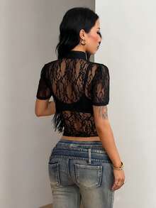 Coolane Summer For Women Streetwear Sexy Elegant Going Out Club Night Out Casual Daily Wear Date Night Y2K Deep V-Neck Elastic Lace Black Floral Blouse - Black - View 6