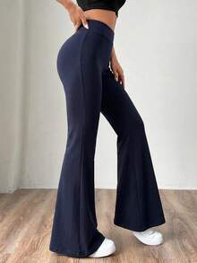 SHEIN EZwear 女款素色高腰修身喇叭針織運動風長褲 - 藏蓝色 - 查看 7