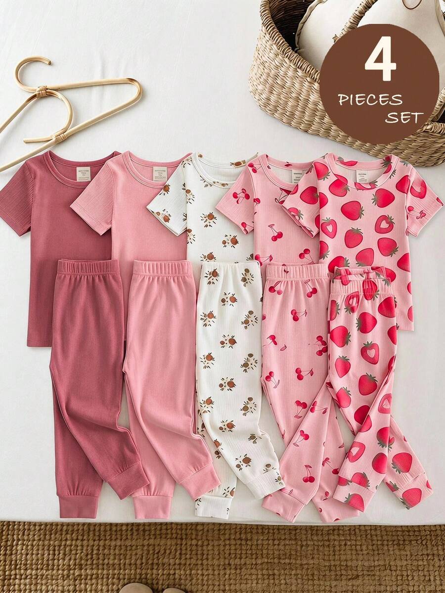 LMoss Kids Young Girl Knit Casual Minimalist Fitted Comfortable Round Neck Short Sleeve Long Pants Tight Home Wear Suitable For Spring And Summer 4pcs Set - Multicolor - View 1