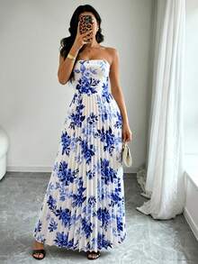 Flora Isola Flora Isola 優雅無肩帶花卉印花性感收腰百褶設計女款洋裝 - 藍色 - 查看 6