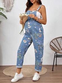 SHEIN 孕妇花卉图案口袋设计休闲牛仔背带裤 - 藍色 - 查看 4