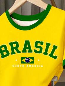鮮豔陽光黃、金色星芒、黃金海岸、復古時尚綠色字母 BRAZIL，年輕女孩休閒簡約短袖短褲兩件套，適合夏季、世界盃、運動、校園 - 彩色 - 查看 7