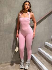 hollyjadebate Mono deportivo ajustado de color liso con cuello halter y espalda descubierta - Rosa - Ver 2