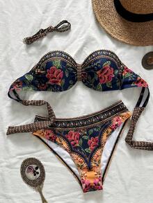 SHEIN Swim 女士新款随机印花细肩带露背聚拢比基尼套装，春夏时尚之选 - 彩色 - 查看 6
