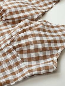 SHEIN LUNE Women's French Elegant Plaid Bow Dress - Khaki - View 6