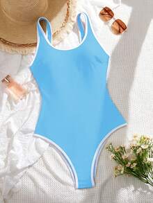 Swim SPRTY Women's Contrast Trim One-Piece Swimsuit, Suitable For Beach Vacation, Pool Party, Beach Party - Baby Blue - View 6