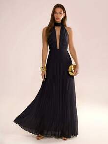 Avenya Vestido con cuello en V y corbata de cuello de gasa plisada 3D - Negro - Ver 4