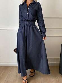 DAZY Summer Autumn Collared Cinched Waist Long Sleeve Solid Color Women's Denim Dress - Blue - View 8