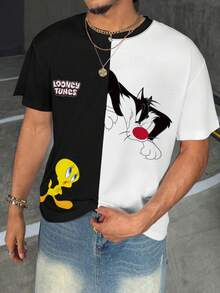 LOONEY TUNES X SHEIN Men's Colorblock Cartoon Print Round Neck Short Sleeve T-Shirt, All-Over Print - White - View 4