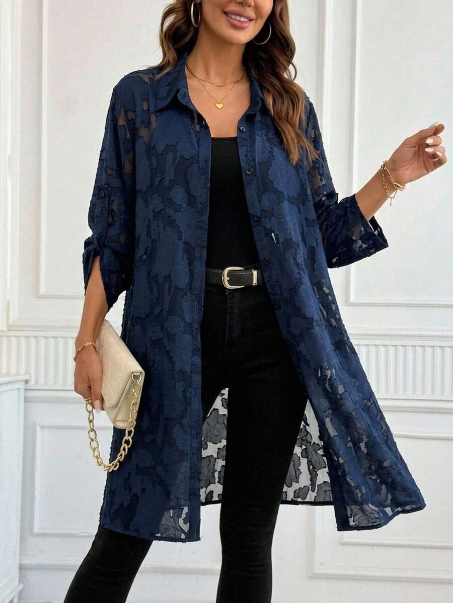 SHEIN Clasi 女款時尚度假鏤空設計優雅單排扣透視襯衫