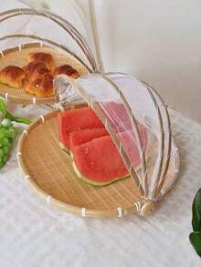 1pc Handwoven Food Service Tent Basket Tray, Fruit Outdoor Cover Insect Bamboo Woven Storage Basket Picnic Scoop Tool - Wood Color - View 6