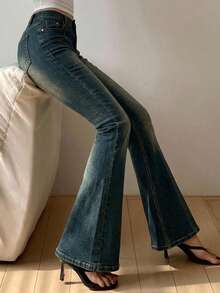 Joudiya Distressed Washed Slim Flared Leg Jeans - Blue - View 6