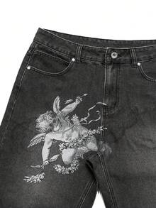 Manfinity EMRG Pantalones cortos de mezclilla con estampado de ángel estilo gótico y submarino para hombres de ropa urbana - Negro - Ver 4