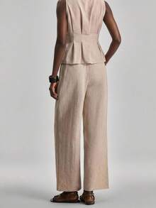 Ontre Women's Summer Casual Front Button Sleeveless Shirt And Pants 2 Pieces Set - Khaki - View 6