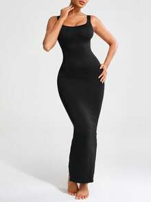 SHAPORA Ladies' Solid Color Slim Fit Sleeveless Bodycon Dress With Back Slit - Black - View 6