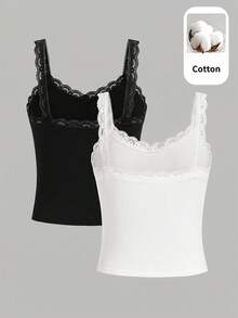 SHEIN Teen Girl Ribbed Knit Patchwork Lace Trim Camisole Tank Top 2pcs Set - Multicolor - View 2