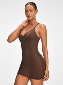 SHAPORA Women's Splicing See-Through Mesh Cami Bodycon Dress - Brown - View 5