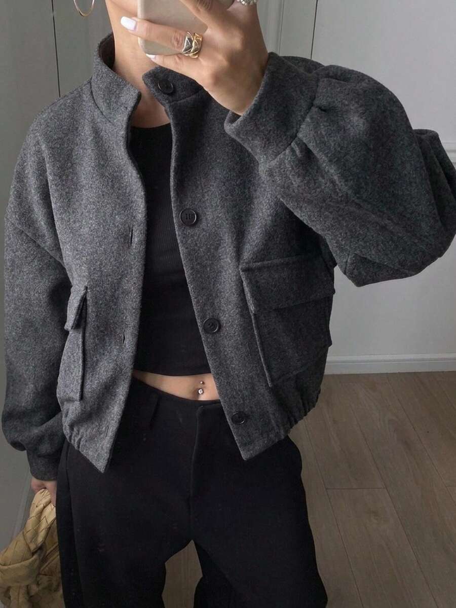 Livesso 女款休閒短版夾克,立領長袖,深灰色,秋季 - 深灰色 - 查看 1