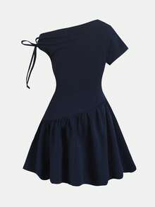 SHEIN Robes pour filles préadolescentes, enfants, robe courte décontractée et élégante de couleur bleu royal unie, une épaule, froncée avec nœud, taille élastique, adaptée pour le printemps et l'été, les sorties - bleu indigo - Voir 3