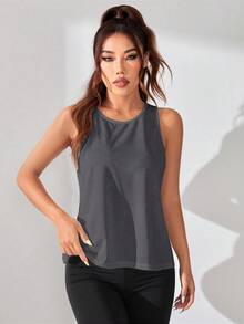 SHEIN Sports Plus Size Women's Solid Color Round Neck Casual Versatile Daily Gym Sports Outing Sports T-Shirt Grey Summer Gym Active - Dark Grey - View 2