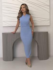 Jemour Elegant Business Casual Vintage Romantic Vacation Sleeveless V-Neck Waisted Pleated Fitted Solid Color Midi Bodycon Dress For Women Summer - Blue - View 1