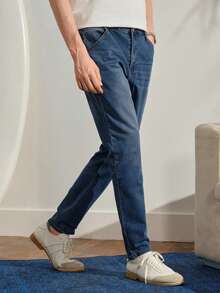 VeloEdit Dark Wash Blue Men Slant Pocket Straight Leg Jeans Without Belt, Plain Long Washed Cargo Going Out Hang Commute Work Urban Old Money Summer Vacation - Dark Wash - View 5