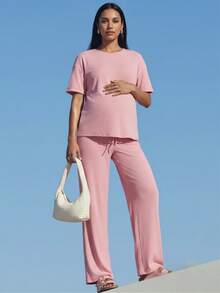 SHEIN 2pcs Maternity Set: Solid Color Short Sleeve Top And Adjustable Waist Casual Business Casual Pants Loungewear Summer - Pink - View 5