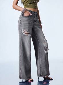 Y2Kool Gray Heavy Water-Washed Cotton Distressed Ripped Y2K Streetwear Grunge Punk Casual Street Style Loose Denim Jeans For Women Autumn Going Out Night Out - Grey - View 3