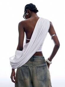 LYSMO Women's Solid Color Asymmetrical Shoulder Pleated Fashion Sexy Top Night Out White Summer - White - View 2