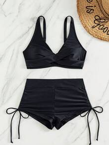 Swim Lushoire Spring/Summer Women's 2-Piece Sexy Bikini Swimsuit Set, Solid Color Double Strap Top With Black Boy Shorts, Beachwear Swimwear - Black - View 3