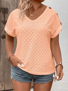 EMERY ROSE Camiseta de mujer nueva primavera/verano casual de cuello en V, manga corta con puño enrollado, botones en los hombros, color de contraste, talla grande - Naranja - Ver 6