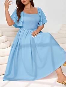 Solflare Plus Size Women's Elegant Vacation Style Solid Color Square Neck Layered Flutter Sleeve Shirred Bodice Flare Hem Dress - Baby Blue - View 3
