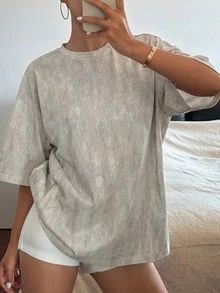 DAZY 女款字母印花淺灰色休閒街頭風極簡圖案寬鬆牛仔襯衫，適合夏季日常居家居家休閒、夜晚外出與逛街 - 卡其色 - 查看 6