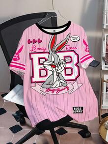 LOONEY TUNES X SHEIN 大码女式可爱时尚圆领短袖T恤 - 白色 - 查看 3