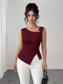 Elenzga Plus Size Women's Minimalist Elegant Sleeveless Tank Top With Split Hem - Burgundy - View 5