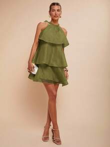 COSMINA Women's Multi-Layer Ruffle Halter Elegant Sleeveless Mini Dress,Valentine's Day,Party,Sage Dress - Green - View 3