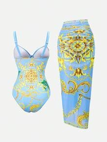 Swim SXY Summer Beach Chain Print Push Up One Piece Swimsuit With Beach Skirt - Multicolor - View 3