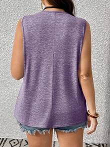 EMERY ROSE Top de tirantes de punto sin mangas con cuello en V, patchwork de encaje hidrosoluble y color liso, casual para mujer talla grande - Morado - Ver 2