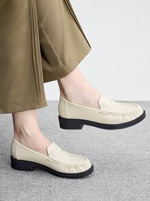 CUCCOO BIZCHIC 女款黑色厚底平底鞋，經典繫帶粗跟圓頭皮革樂福鞋，舒適休閒辦公/校園鞋，適合春夏穿著 - 米色. - 查看 6
