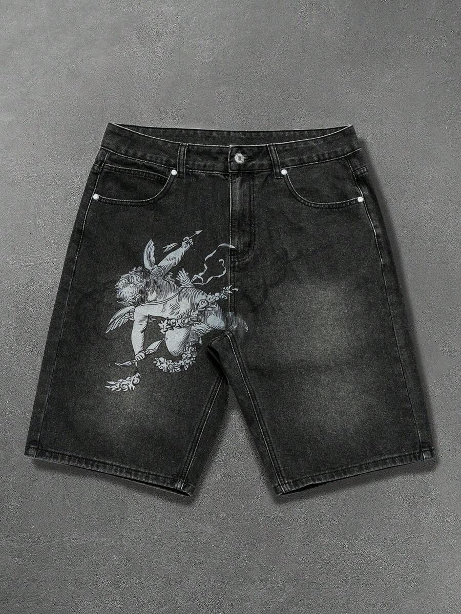 Manfinity EMRG Pantalones cortos de mezclilla con estampado de ángel estilo gótico y submarino para hombres de ropa urbana - Negro - Ver 1