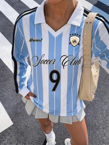 Muchica 女款藍白條紋 9 號長袖足球球衣 Polo 衫，對比棕色領口與條紋袖子 – 復古、學院風、經典、青春、街頭時尚風格，足球運動完美之選 - 彩色 - 查看 4