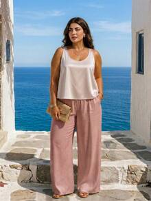 ELLERISSA Plus Size Apricot Satin Low Scoop Cami Top - Apricot - View 7