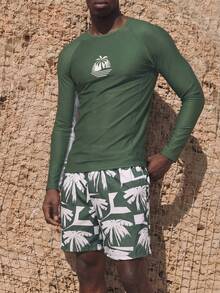 Palasendo 2pcs Men's Palm Tree Print Long Sleeve Top And Slant Pocket Shorts Set - Multicolor - View 3
