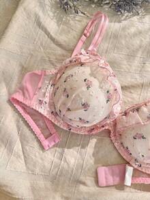 CottageSlumber 1pc Cherry Mist Soft Tulle Embroidered Floral Bra - Coral Pink - View 4