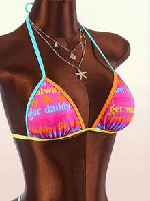 Amplova Women's Letter Print Contrast Detail Sexy Avant-Garde Cute Mini Set Suitable For Vacation Outfits - Pink - View 5