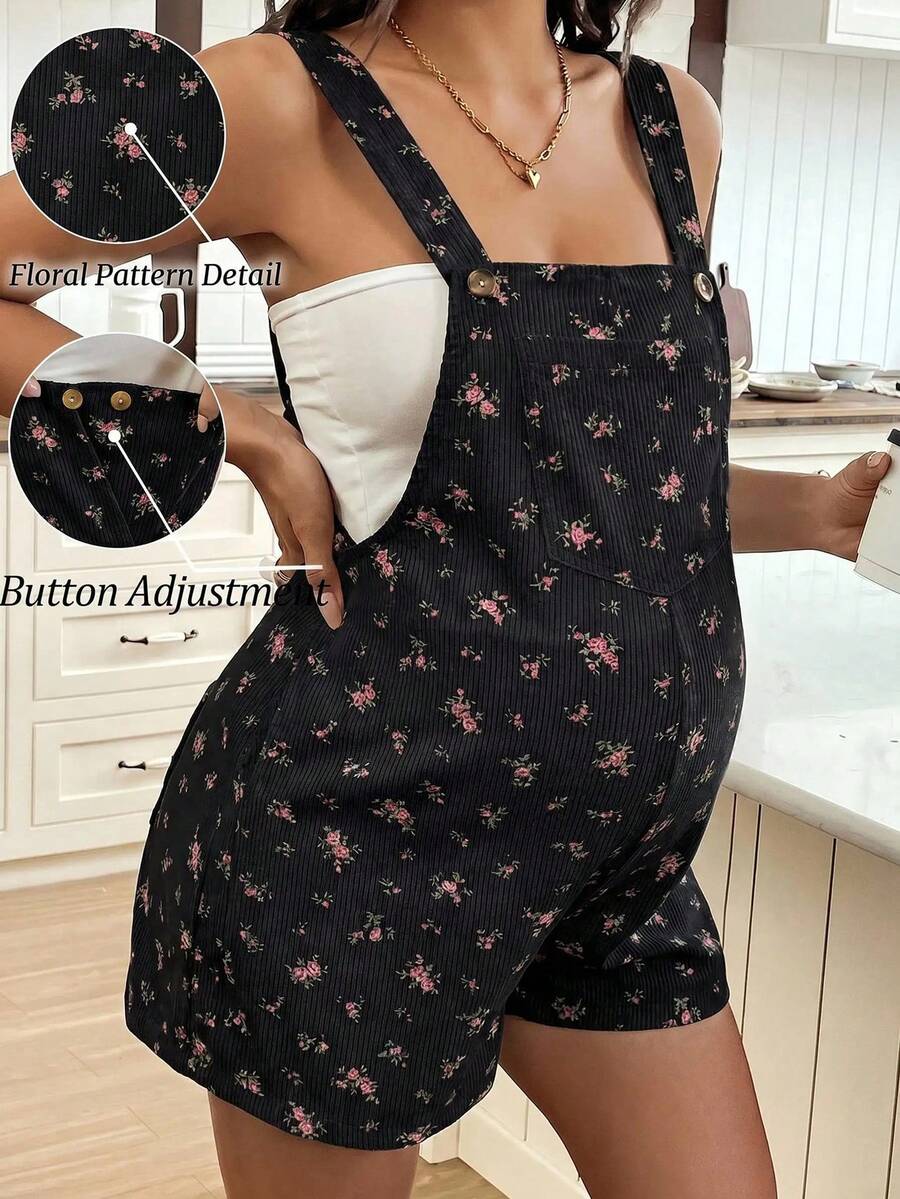 SHEIN Maternity All-Over Print Fashionable Style Overalls - Black - View 1